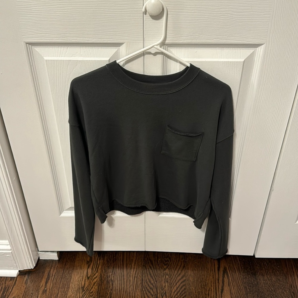 Aerie Cropped Oversized Gray Pocket Crewneck